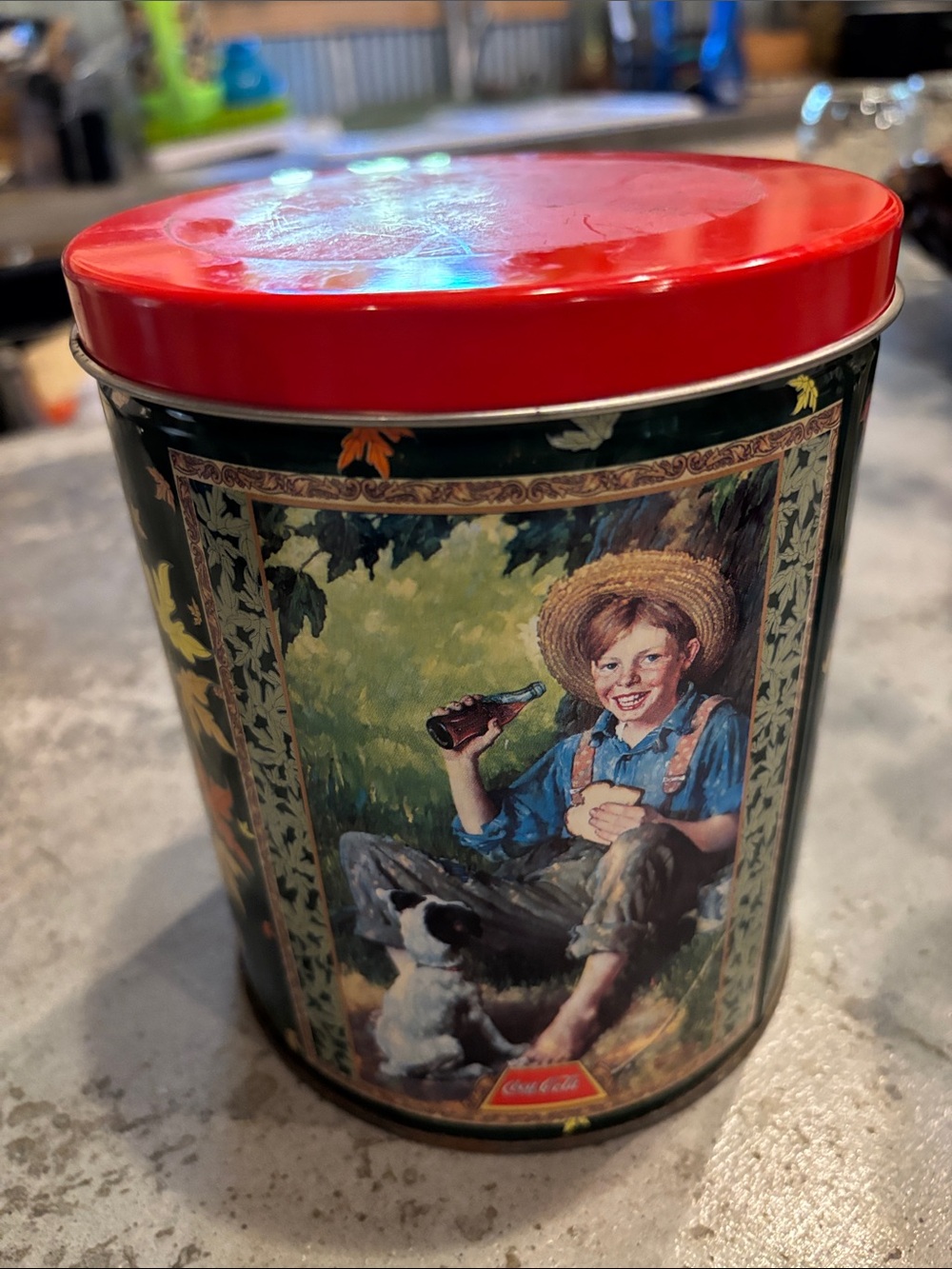 Vintage puzzle & Coca Cola Red-Top Decorative Tin with Nostalgic Boy